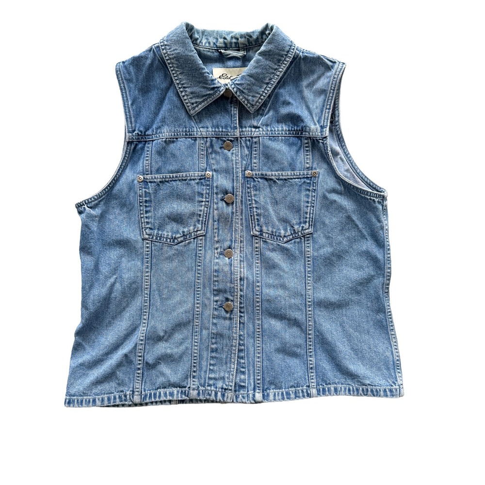 Eddie Bauer Womens Denim Vest Medium Wash Cotton Button Up Cinch Back Large
